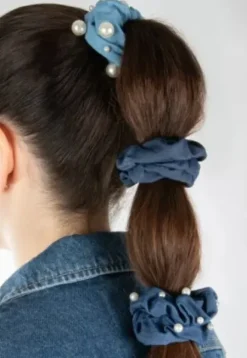 Trisa Fashion Denim Scrunchies mit Perlen Discount